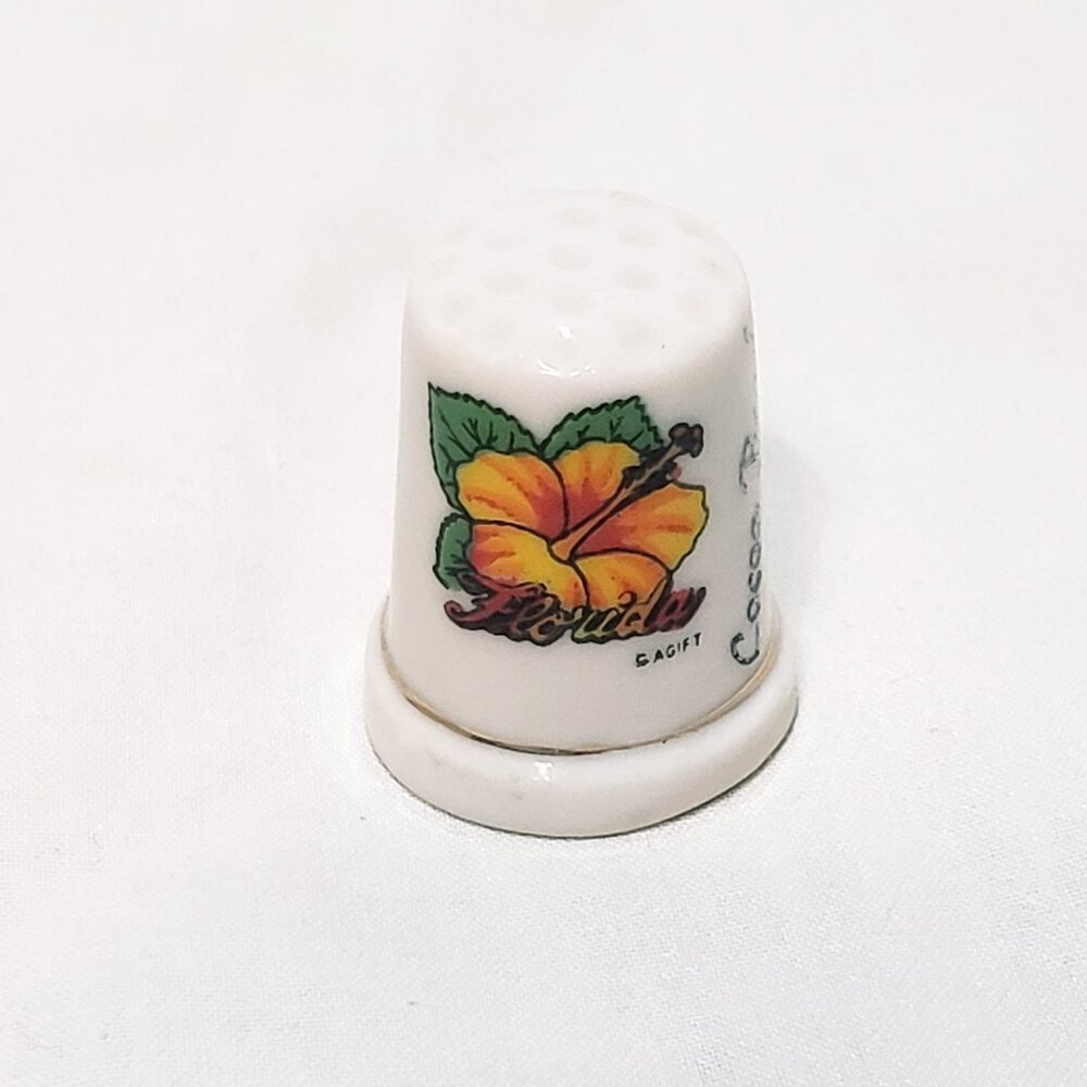 Florida Hibiscus Flower Cocoa Beach Thimble Souvenir Porcelain Vintage 1"